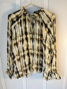 Lola & Sophie Ivory, Olive and Black Tie-Neck Ruffle Blouse Size Medium